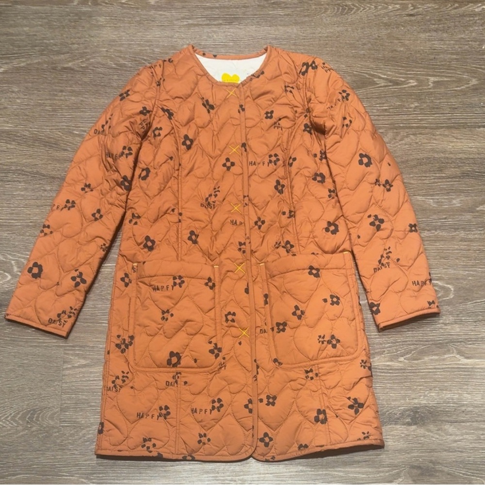 NWOT Kerri Rosenthal Heart Print Winter Quilted Jacket Rust Orange Color Size XS